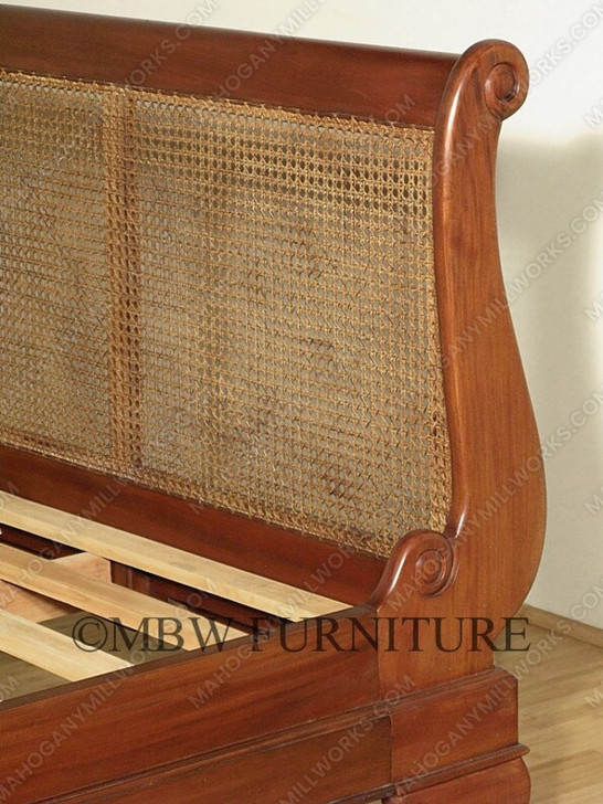 Distressed Solid Mahogany Rattan Eastern King Sleigh Bed