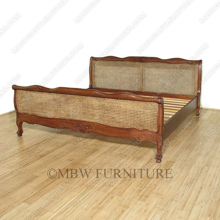 Distressed Mahogany Rattan King Sleigh Bed