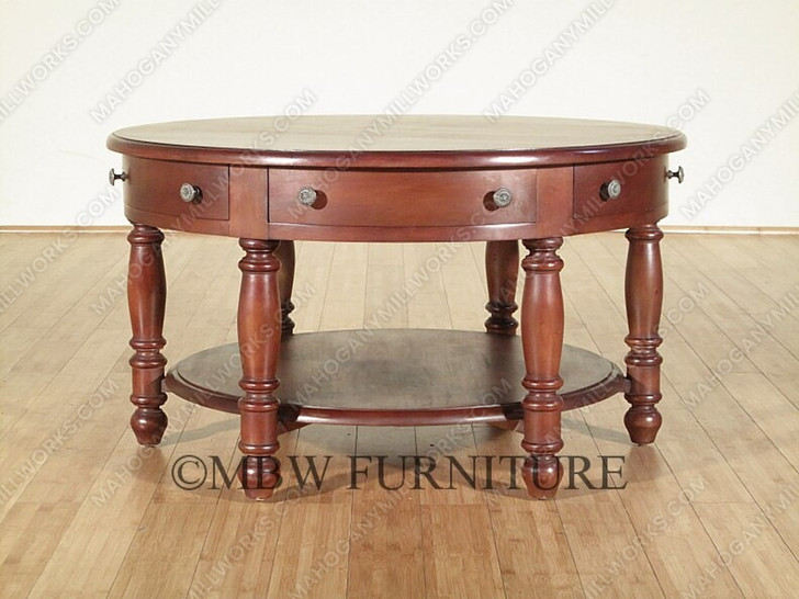 Distressed Solid Mahogany 6 Drawer Round Coffee Table