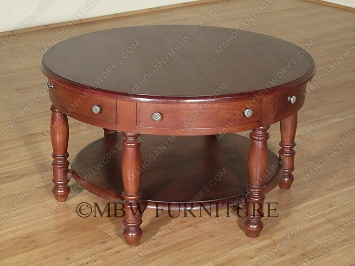 Distressed Solid Mahogany 6 Drawer Round Coffee Table