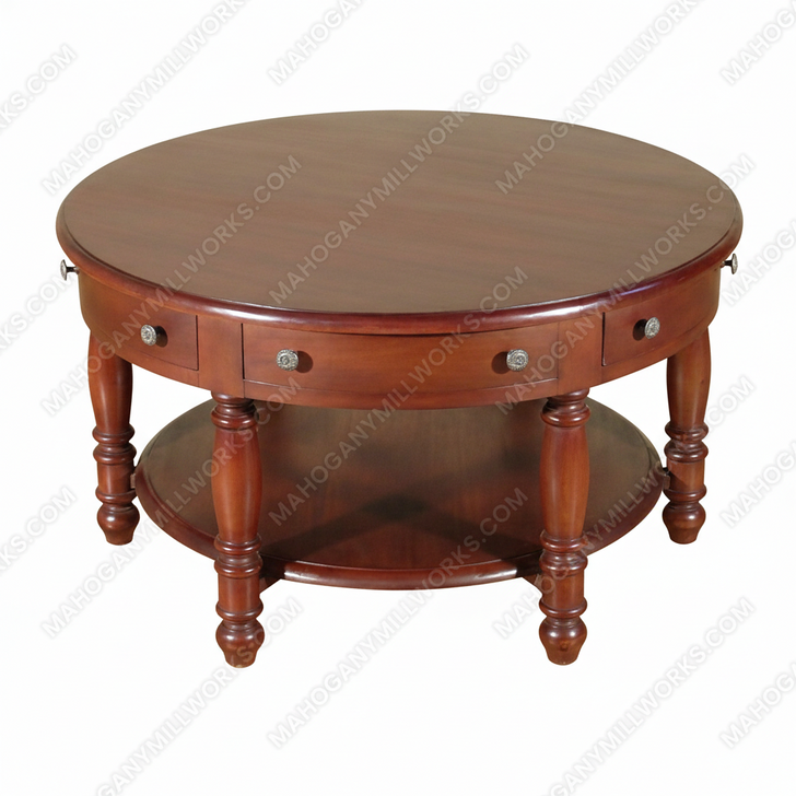 Distressed Solid Mahogany 6 Drawer Round Coffee Table