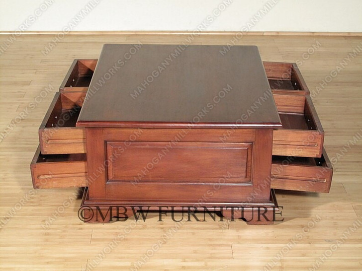 Mahogany Distressed Storage Coffee Table with Pull-Out Drawers