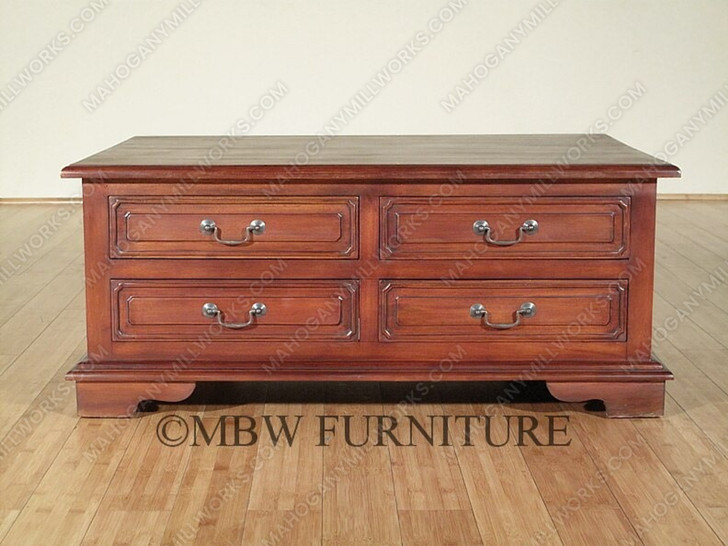 Mahogany Distressed Storage Coffee Table with Pull-Out Drawers