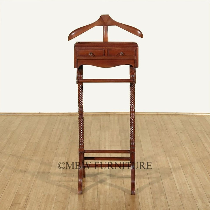 Distressed Solid Mahogany Men's Clothes Valet Stand Rack w/ Hanger