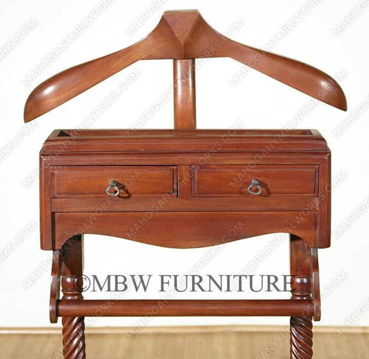 Distressed Solid Mahogany Men's Clothes Valet Stand Rack w/ Hanger