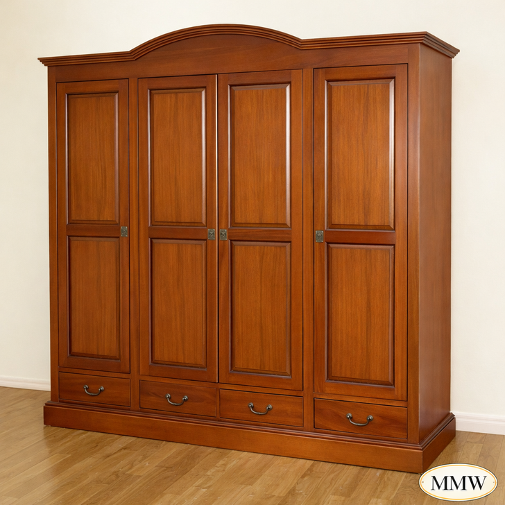 7.5ft W Light Mahogany 4 Pocket Door Wardrobe