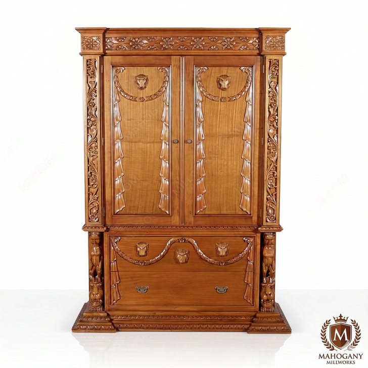 5ft W Natural Mahogany Gothic Wardrobe