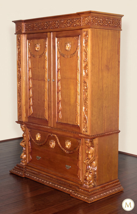 5ft W Renaissance Revival Hand-Carved Natural Mahogany Armoire Cabinet