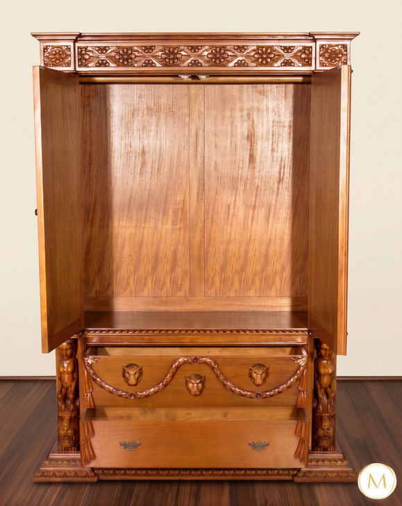 5ft W Renaissance Revival Hand-Carved Natural Mahogany Armoire Cabinet