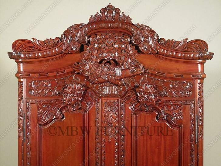 Pecan Finish Ornate Carved Armoire Wardrobe (99H 55W 25D)