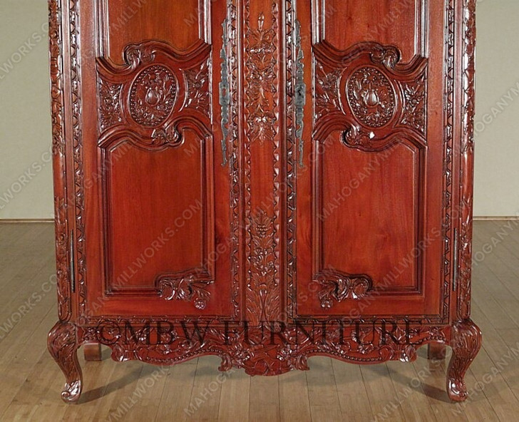 Large Ornate Pecan Carved Armoire Wardrobe (55W x 99H)