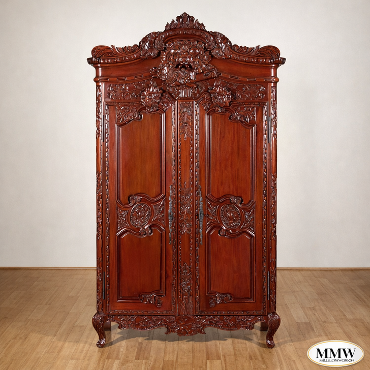 Large Ornate Pecan Carved Armoire Wardrobe (55W x 99H)