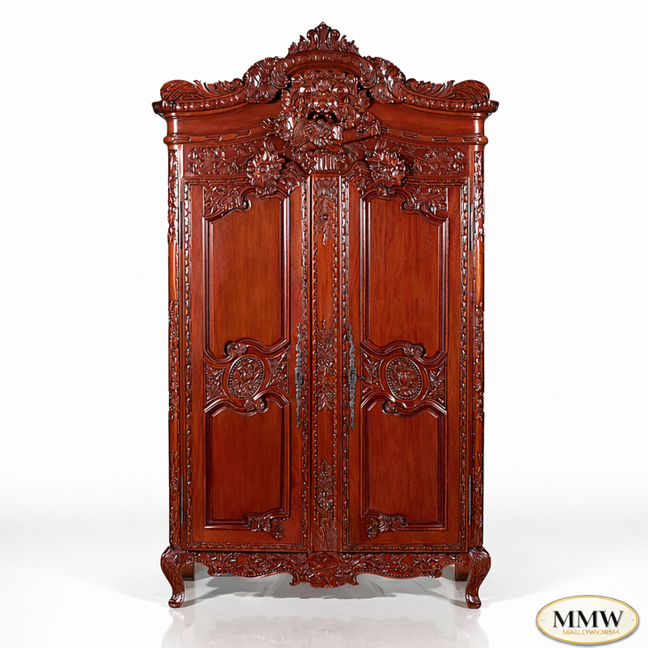 Large Ornate Pecan Carved Armoire Wardrobe (55W x 99H)