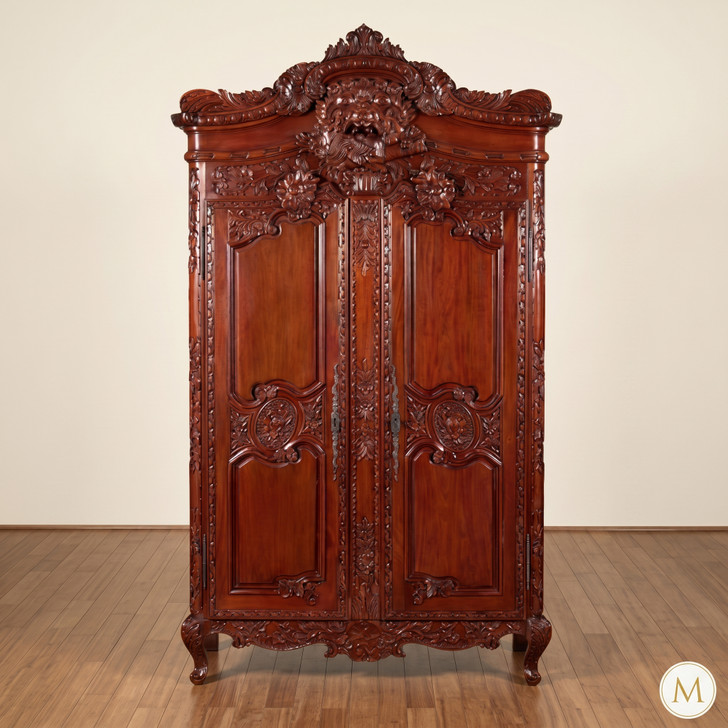 Large Ornate Pecan Carved Armoire Wardrobe (55W x 99H)