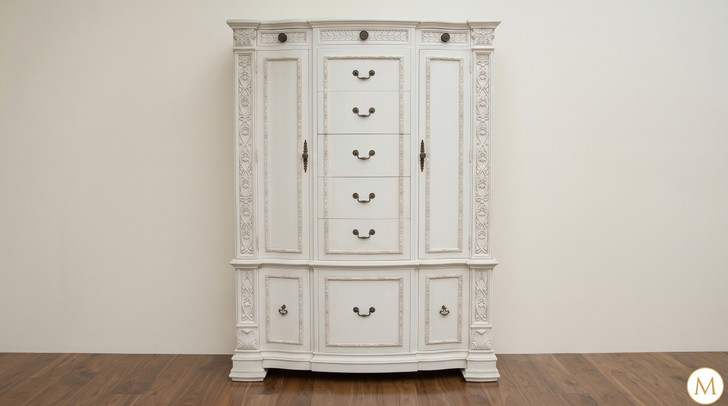 Ornate White Storage Armoire with Drawers and Doors