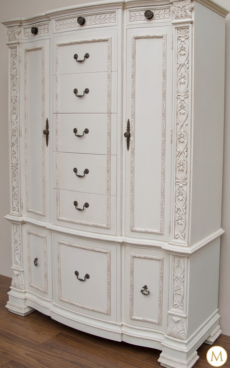 Ornate White Storage Armoire with Drawers and Doors