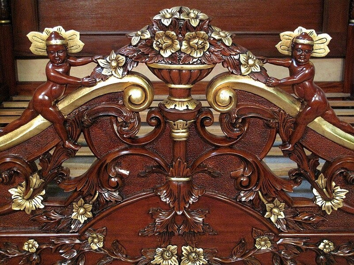 Ornate Mahogany Four Poster Canopy Bed w/ Cherub Details