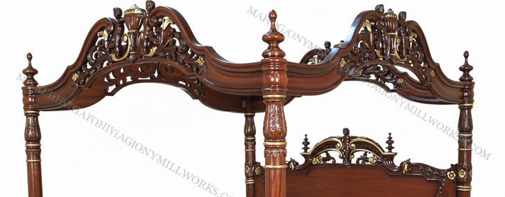 Ornate Mahogany Four Poster Canopy Bed w/ Cherub Details