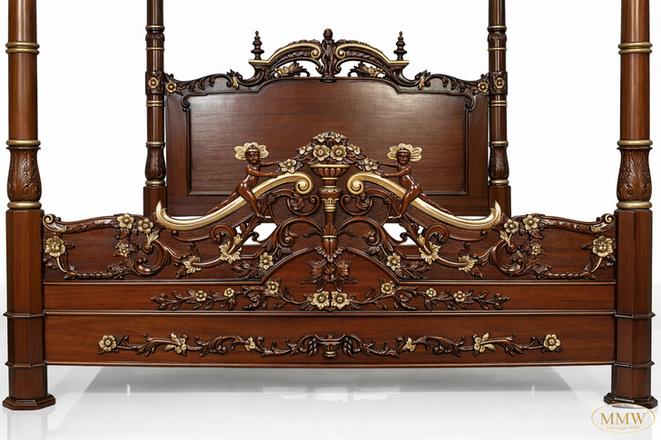 Ornate Mahogany Four Poster Canopy Bed w/ Cherub Details