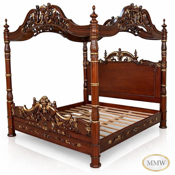 Ornate Mahogany Four Poster Canopy Bed w/ Cherub Details