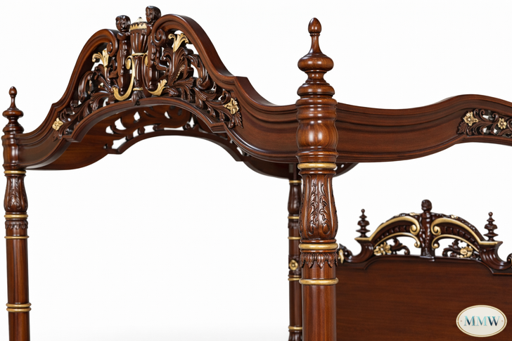 Ornate Mahogany Four Poster Canopy Bed w/ Cherub Details