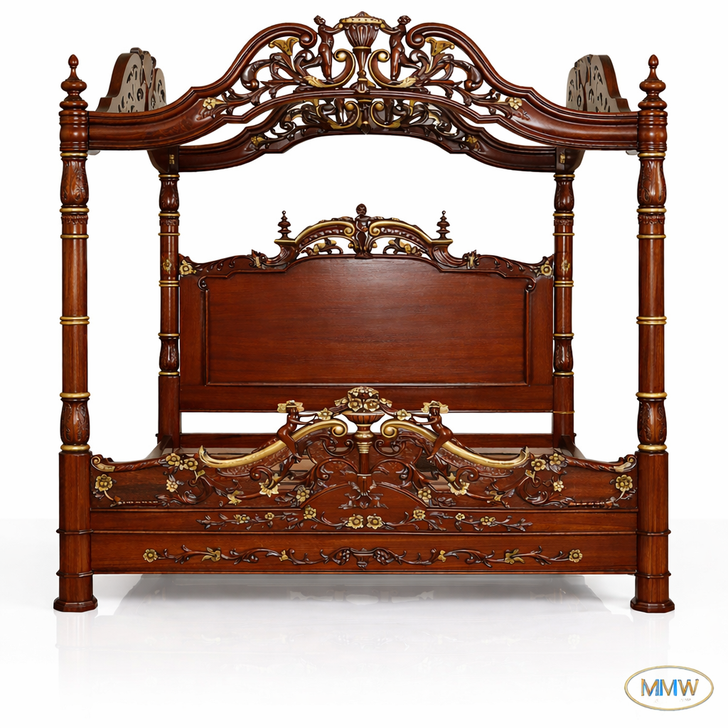 Ornate Mahogany Four Poster Canopy Bed w/ Cherub Details