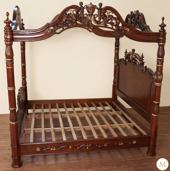 Ornate Mahogany Four Poster Canopy Bed w/ Cherub Details