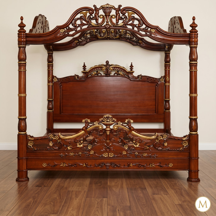Ornate Mahogany Four Poster Canopy Bed w/ Cherub Details
