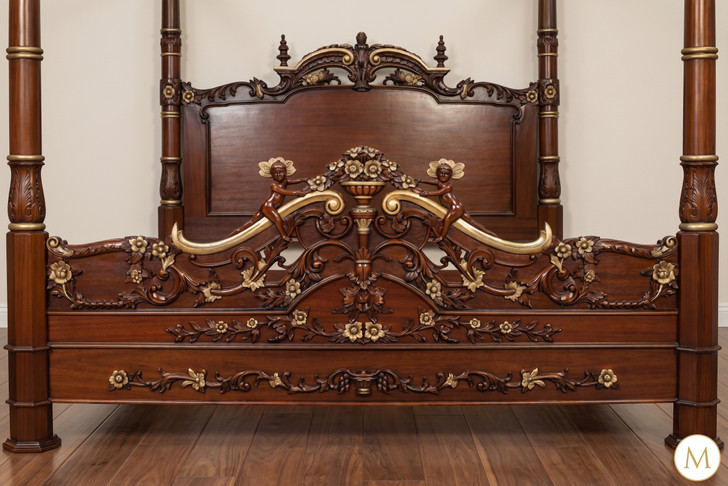 Ornate Mahogany Four Poster Canopy Bed w/ Cherub Details