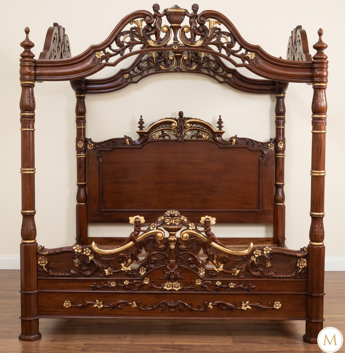 Ornate Mahogany Four Poster Canopy Bed w/ Cherub Details