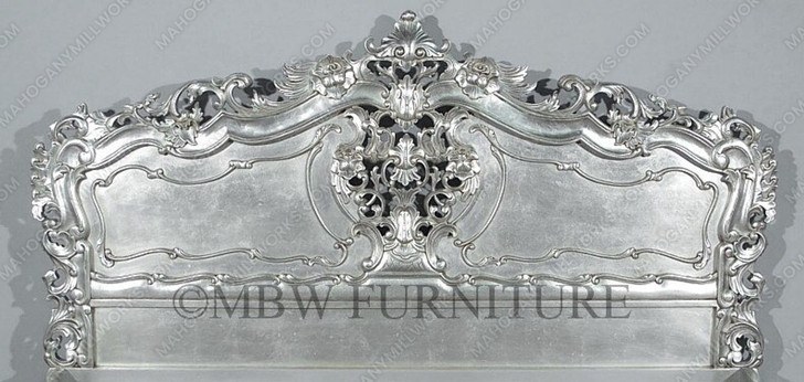 Antiqued Silver Leaf French Rococo Carved Panel Bed