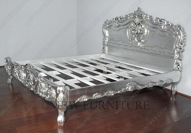 Antiqued Silver Leaf French Rococo Carved Panel Bed