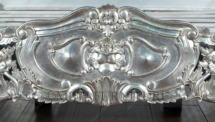 Antiqued Silver Leaf French Rococo Carved Panel Bed