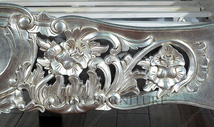 Antiqued Silver Leaf French Rococo Carved Panel Bed