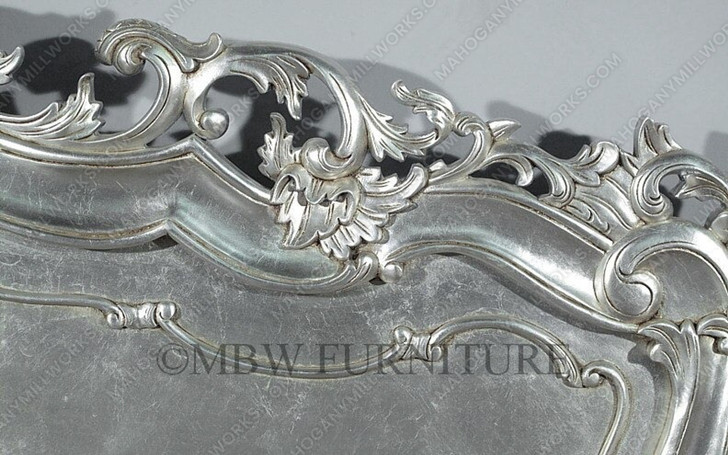 Antiqued Silver Leaf French Rococo Carved Panel Bed