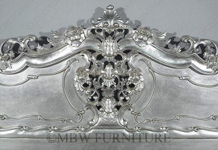 Antiqued Silver Leaf French Rococo Carved Panel Bed