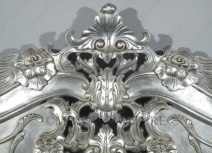 Antiqued Silver Leaf French Rococo Carved Panel Bed