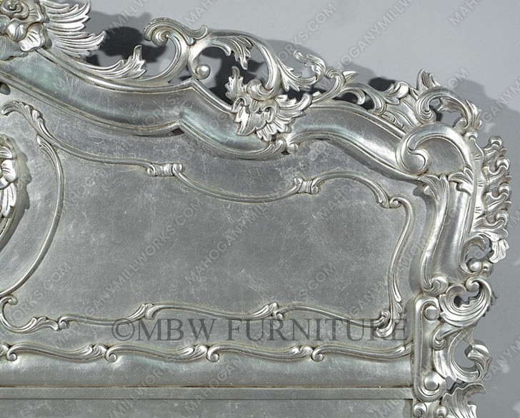 Antiqued Silver Leaf French Rococo Carved Panel Bed
