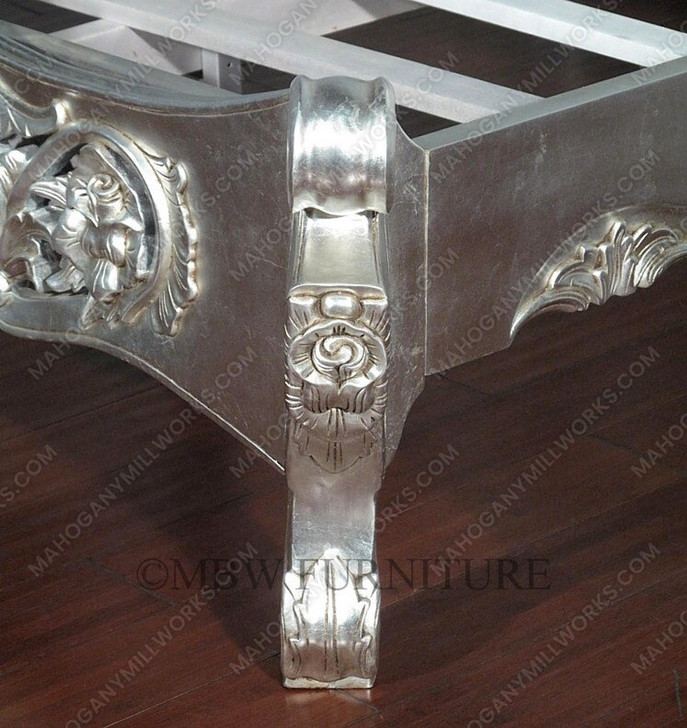 Antiqued Silver Leaf French Rococo Carved Panel Bed