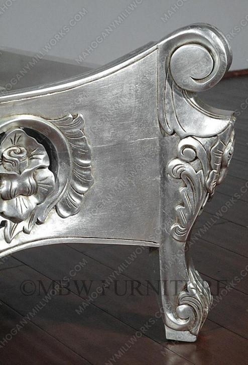 Antiqued Silver Leaf French Rococo Carved Panel Bed