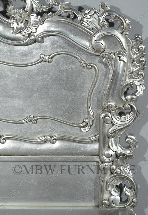 Antiqued Silver Leaf French Rococo Carved Panel Bed