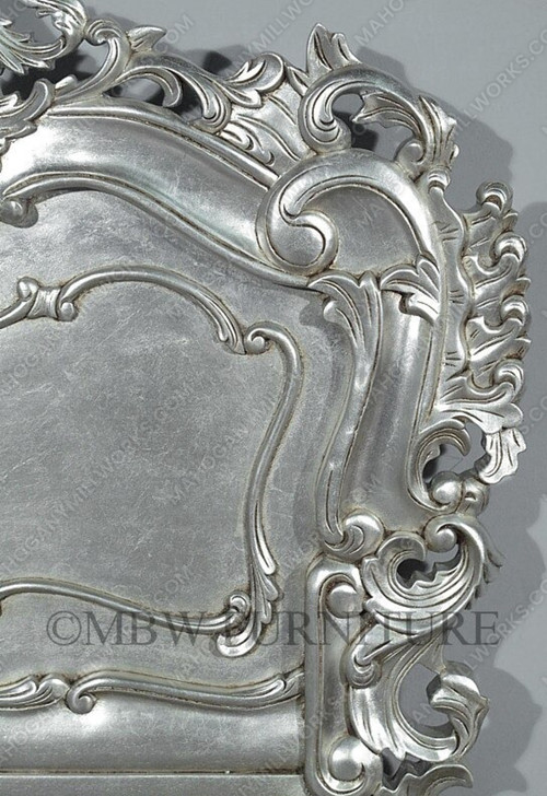 Antiqued Silver Leaf French Rococo Carved Panel Bed