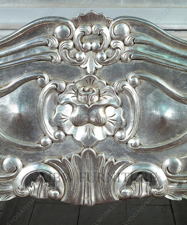 Antiqued Silver Leaf French Rococo Carved Panel Bed