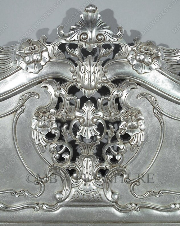 Antiqued Silver Leaf French Rococo Carved Panel Bed