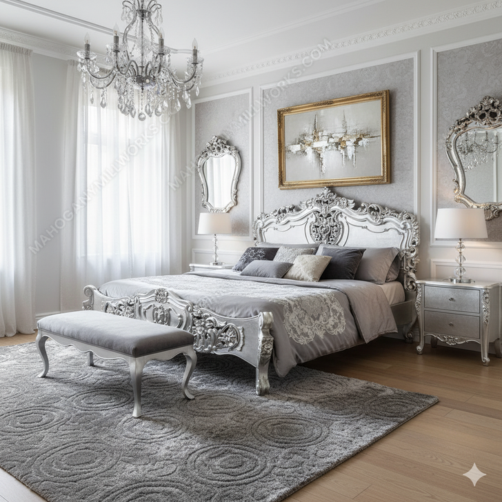 Antiqued Silver Leaf French Rococo Carved Panel Bed