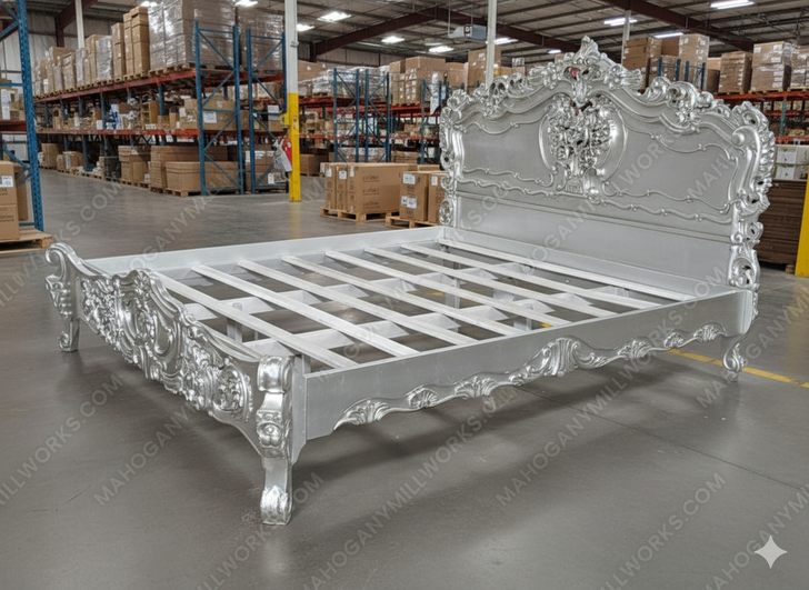 Antiqued Silver Leaf French Rococo Carved Panel Bed