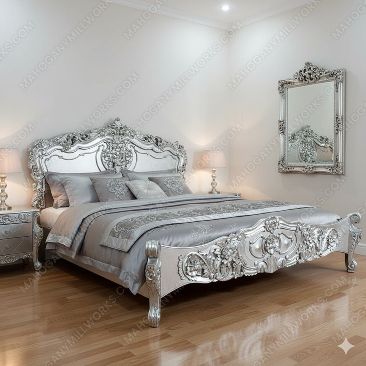 Antiqued Silver Leaf French Rococo Carved Panel Bed