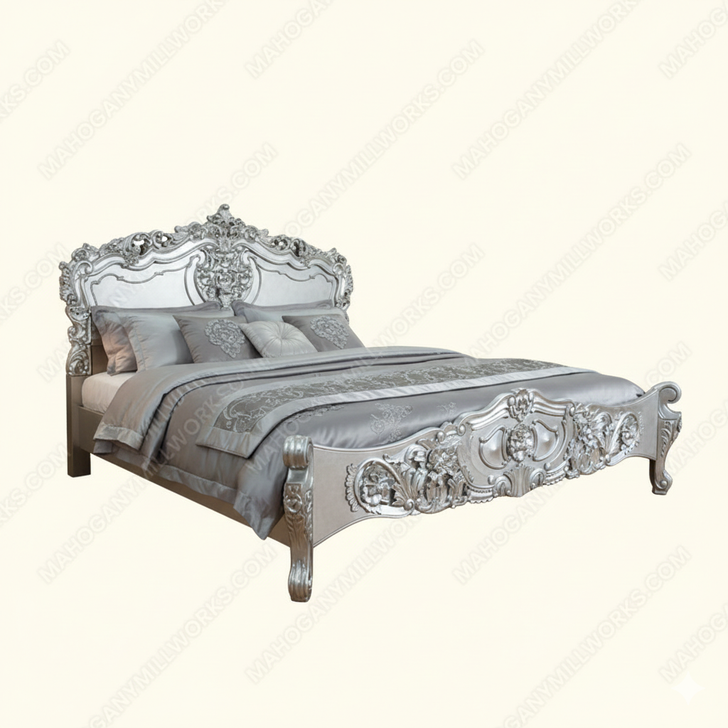 Antiqued Silver Leaf French Rococo Carved Panel Bed