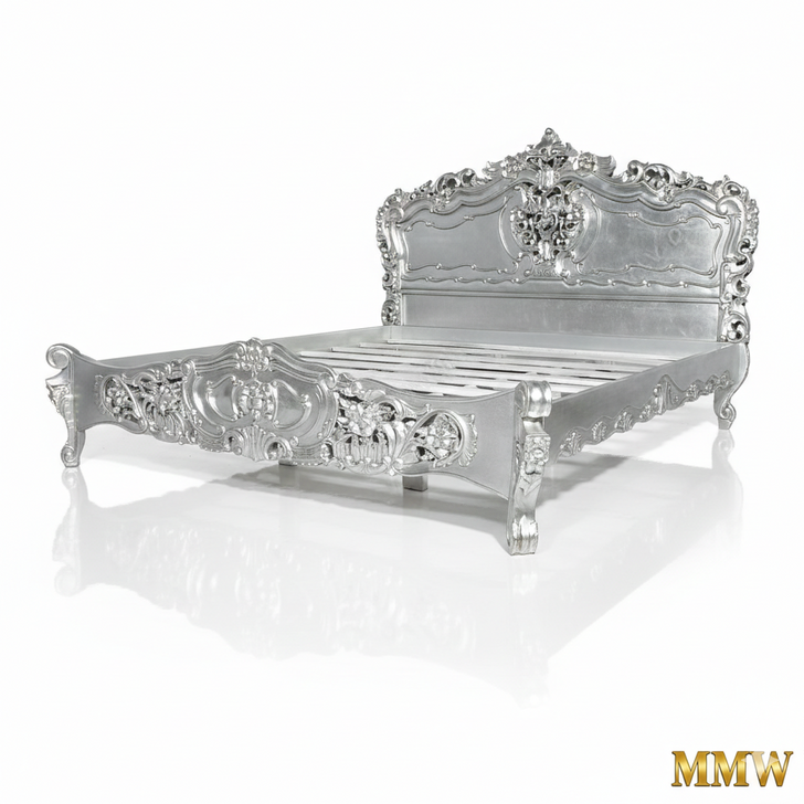 Antiqued Silver Leaf French Rococo Carved Panel Bed