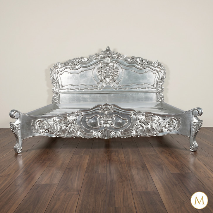 Antiqued Silver Leaf French Rococo Carved Panel Bed